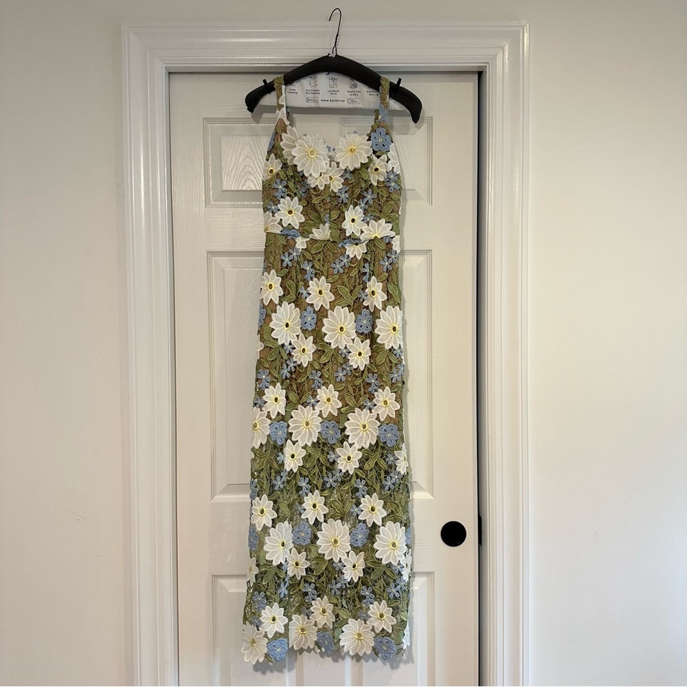 Green Floral Maxi Dress with White & Light Blue Appliqué